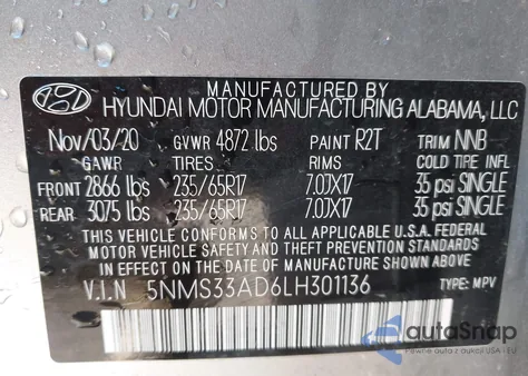 2020 Hyundai Santa Fe Sel из США, поврежденный, VIN 5NMS33AD6LH301136